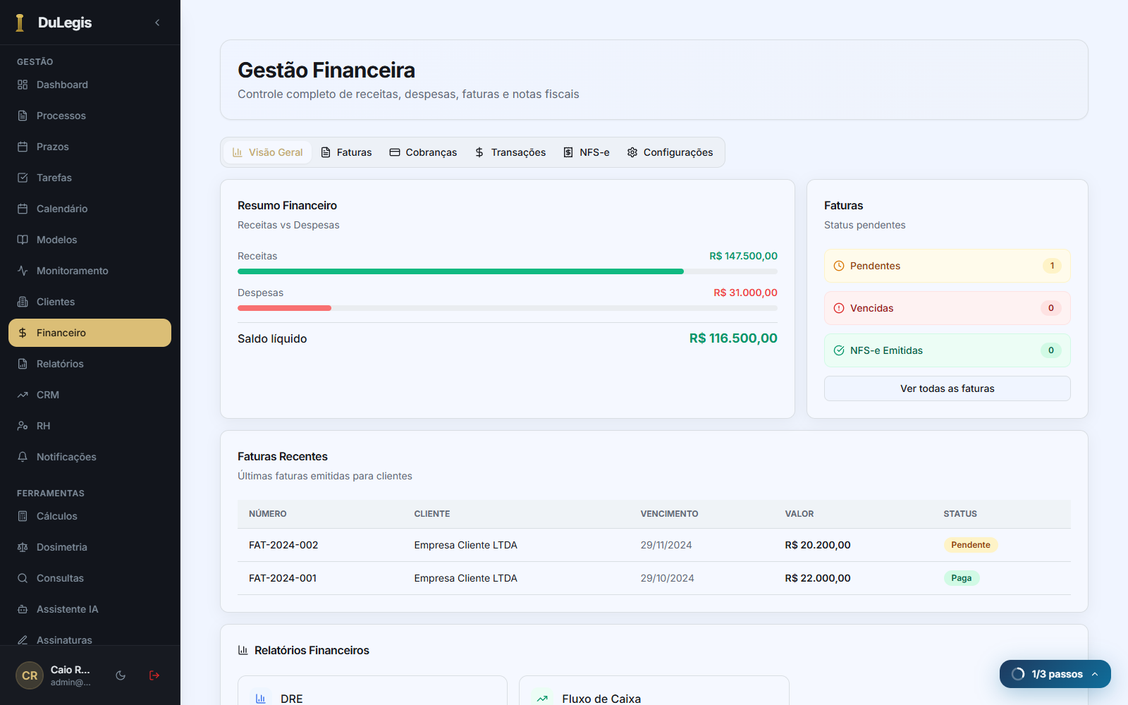 Tela de Gestão Financeira do DuLegis