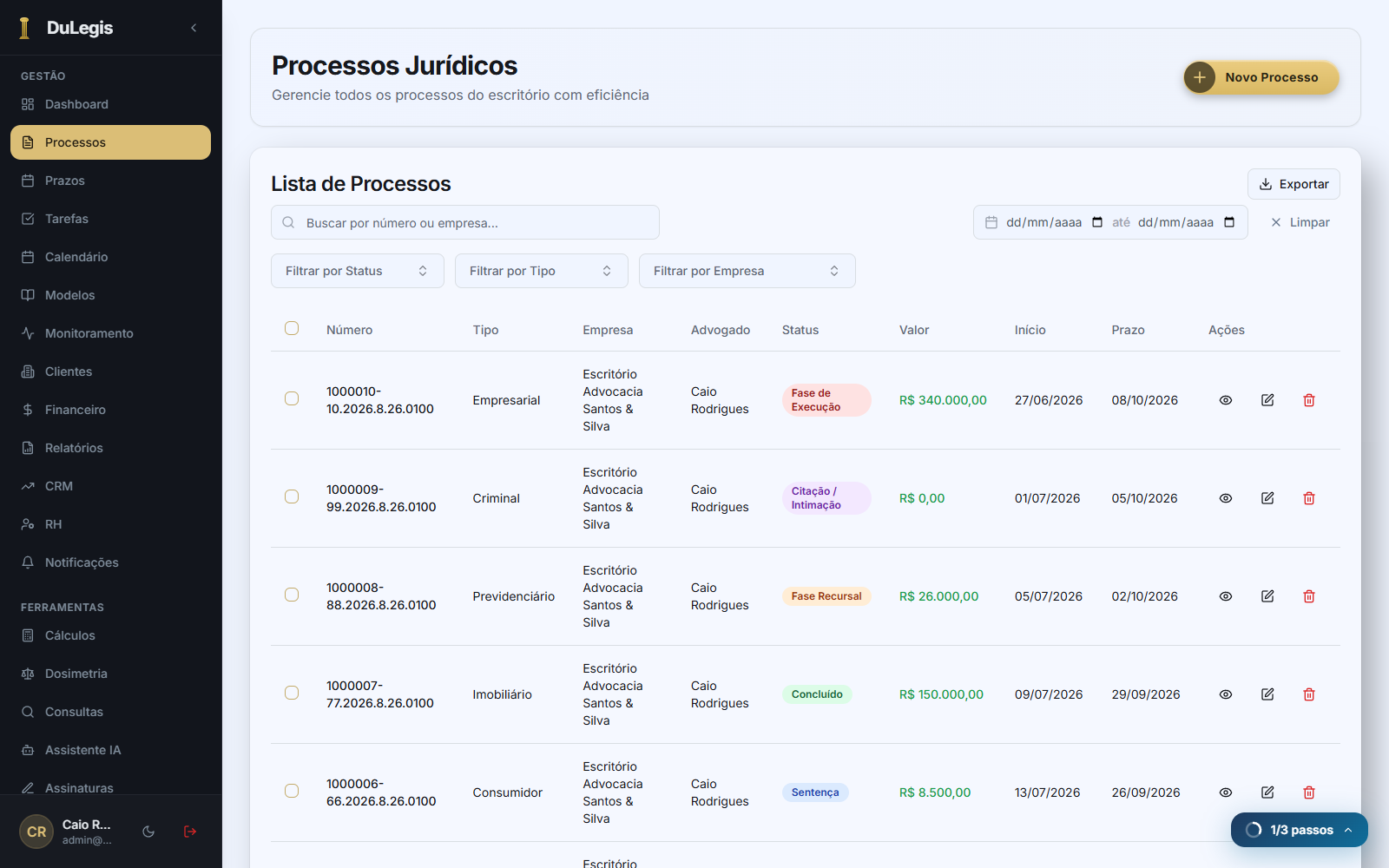 Tela de Processos do DuLegis