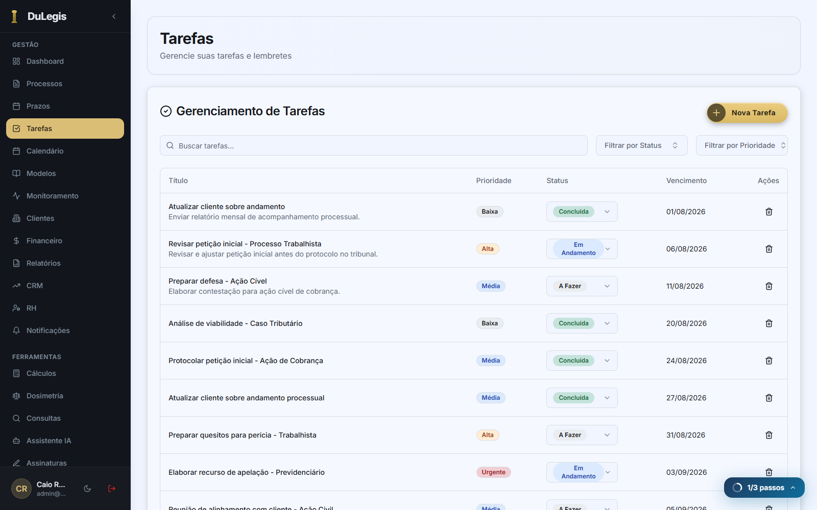 Tela de Documentos e tarefas do DuLegis